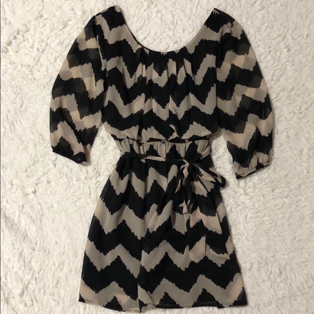 Chevron Dress with Elastic Waist and Tie